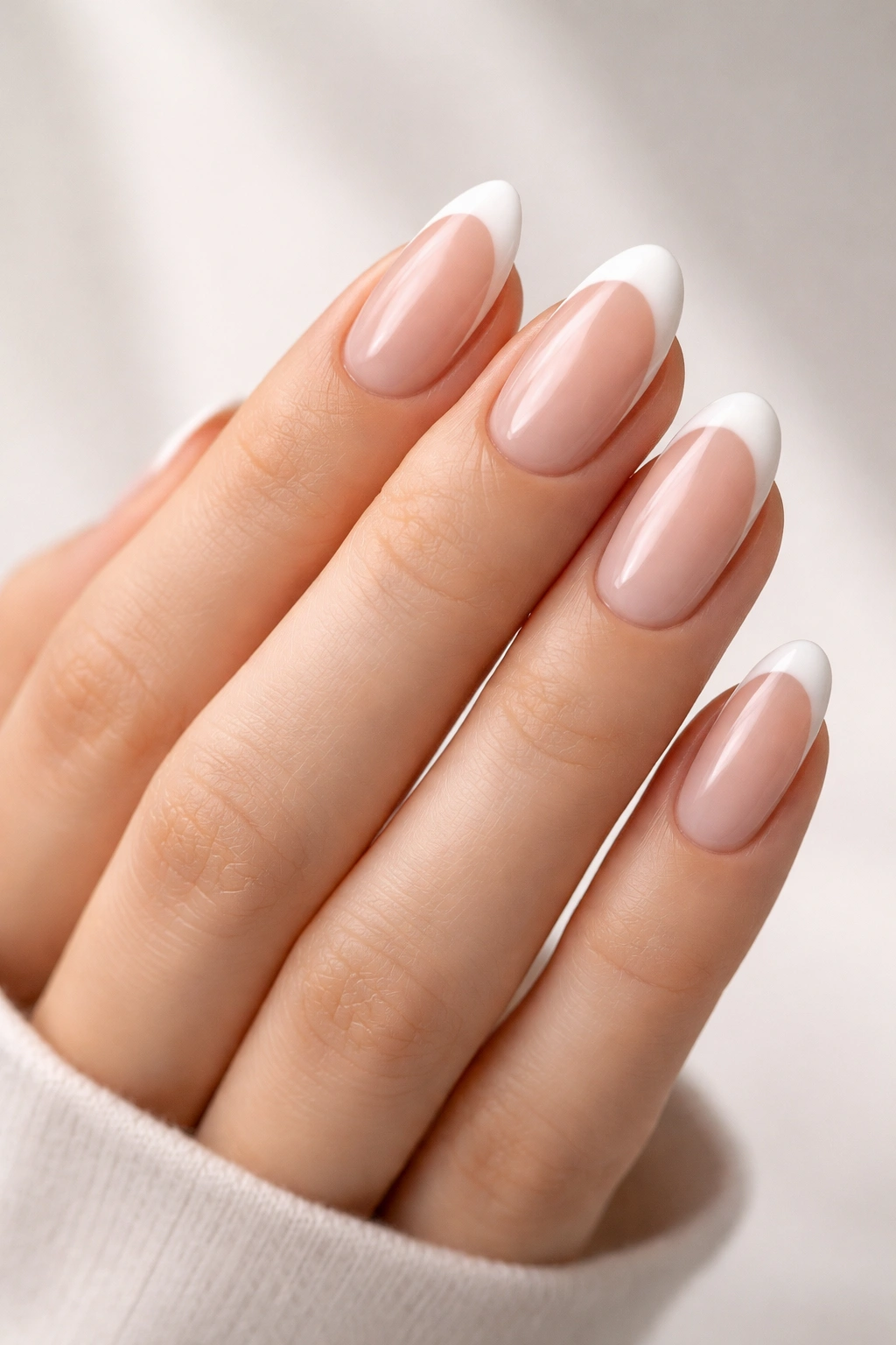 Hand with a timeless oval French tip in nude and white