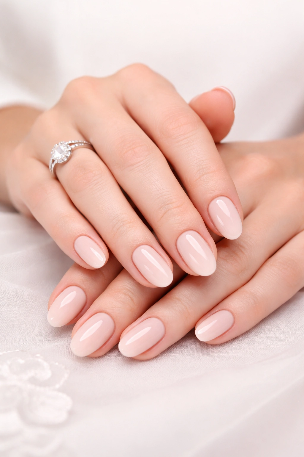 Close-up of hands with pristine neutral manicure