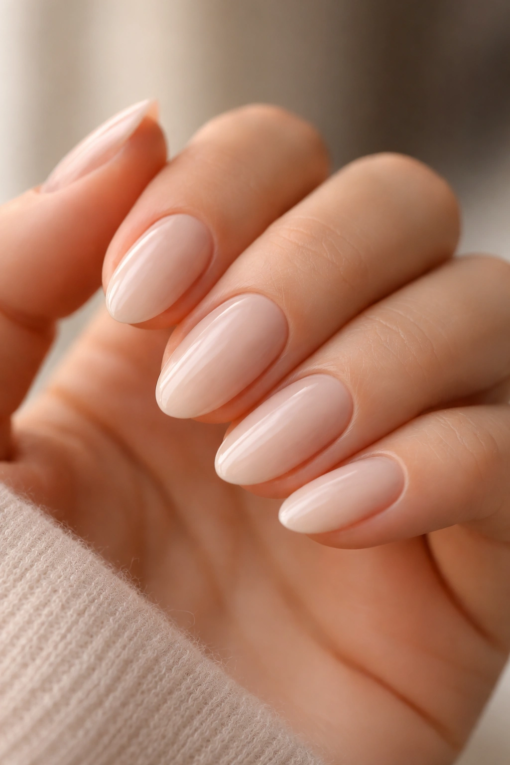 Close-up of tinted nude-off-white almond nails with a glossy seal.