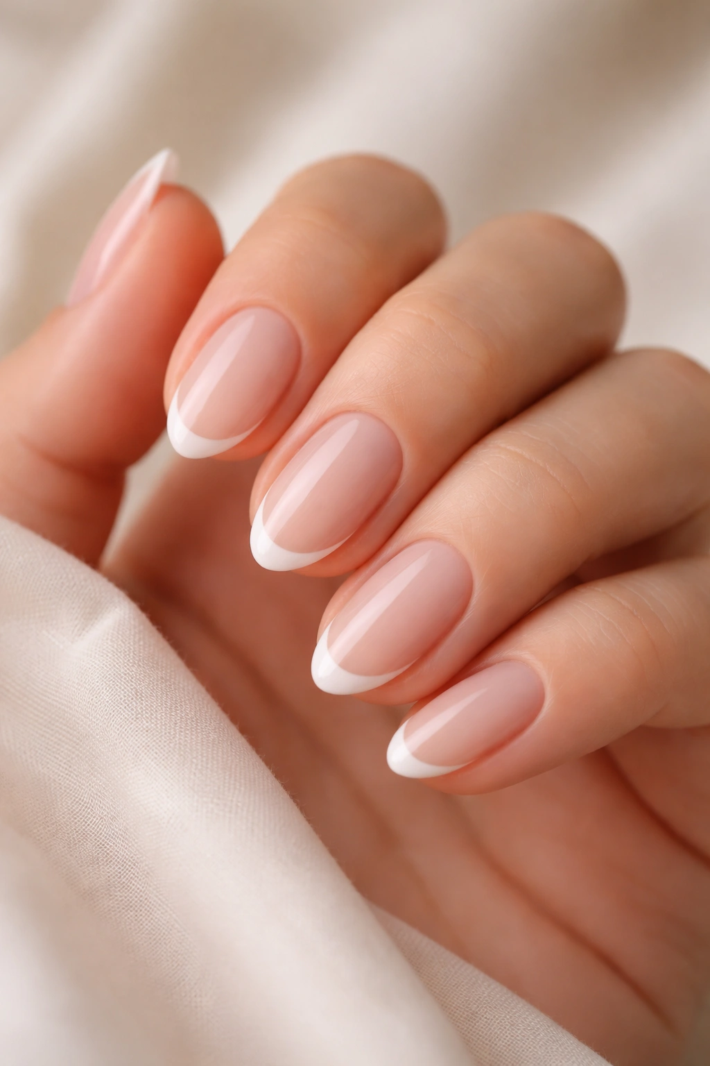 Tiny almond tip French manicure on short nails