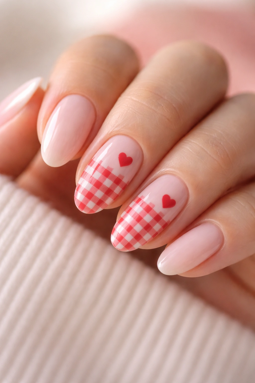 Close-up of short almond nails with tiny checks and small red heart accents