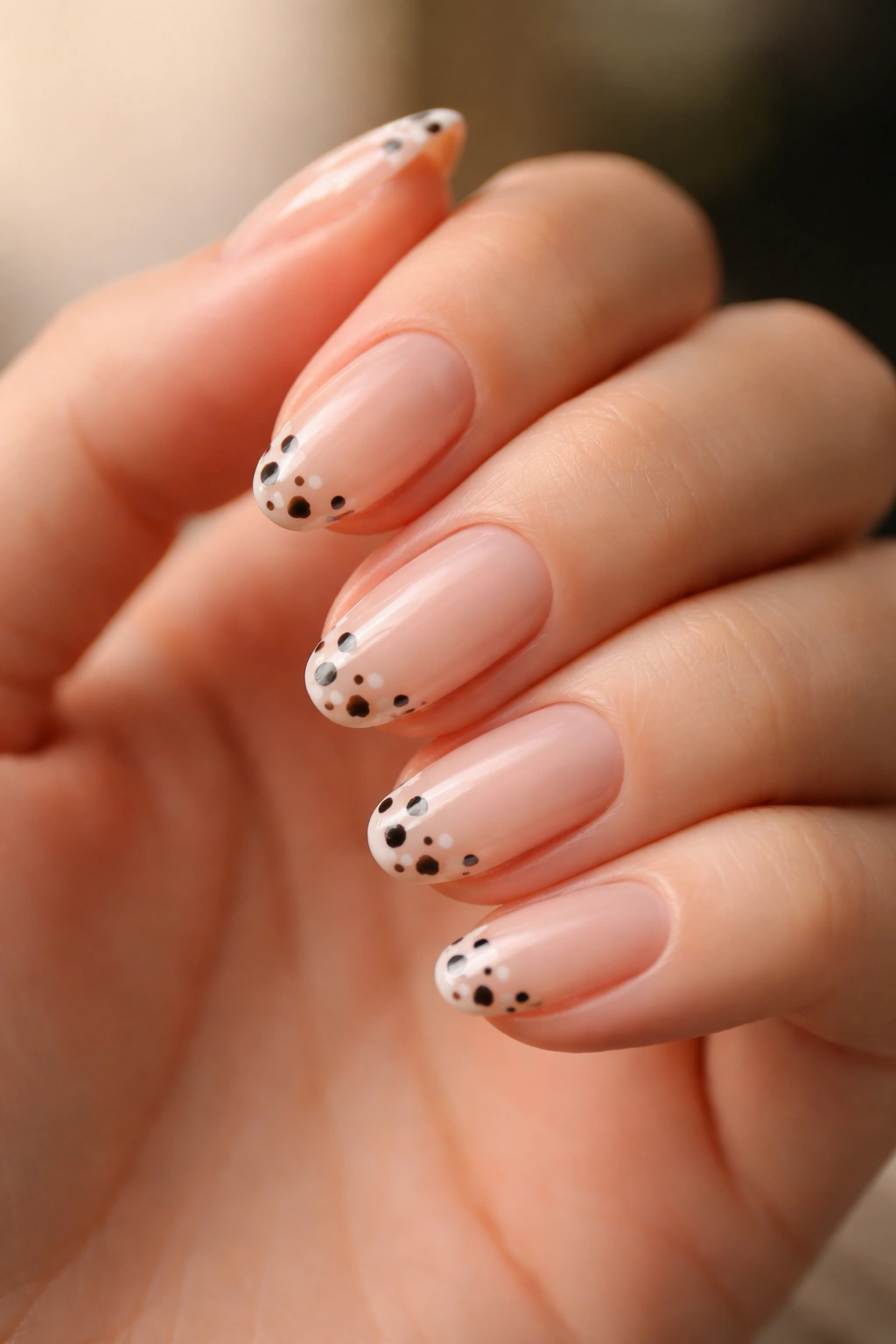 Close-up of barely-there nails with tiny cow-print tips on short almond nails