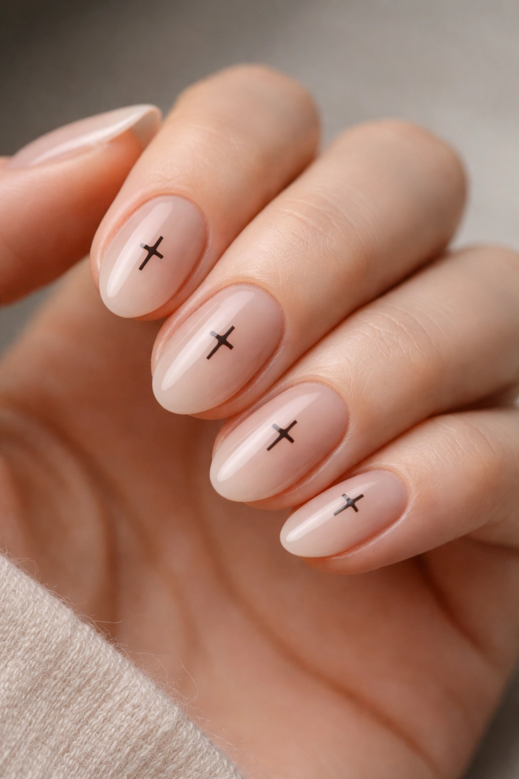 Nails with sheer nude base and small black crosses on short almond nails