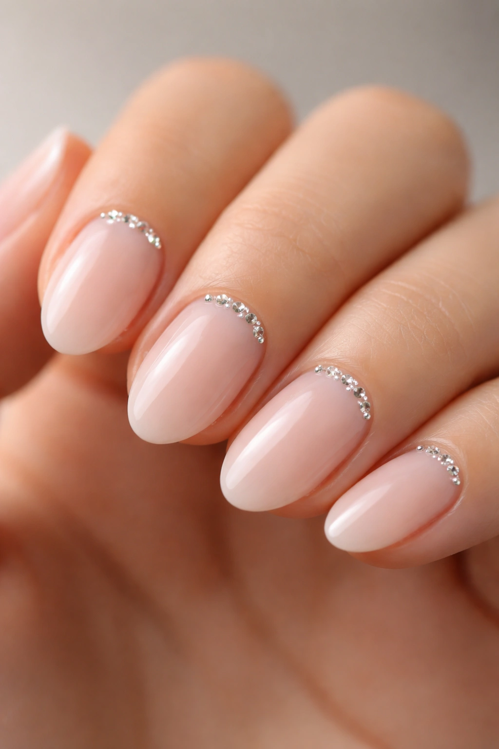 Short almond nails with tiny crystal cuticle accents on each nail