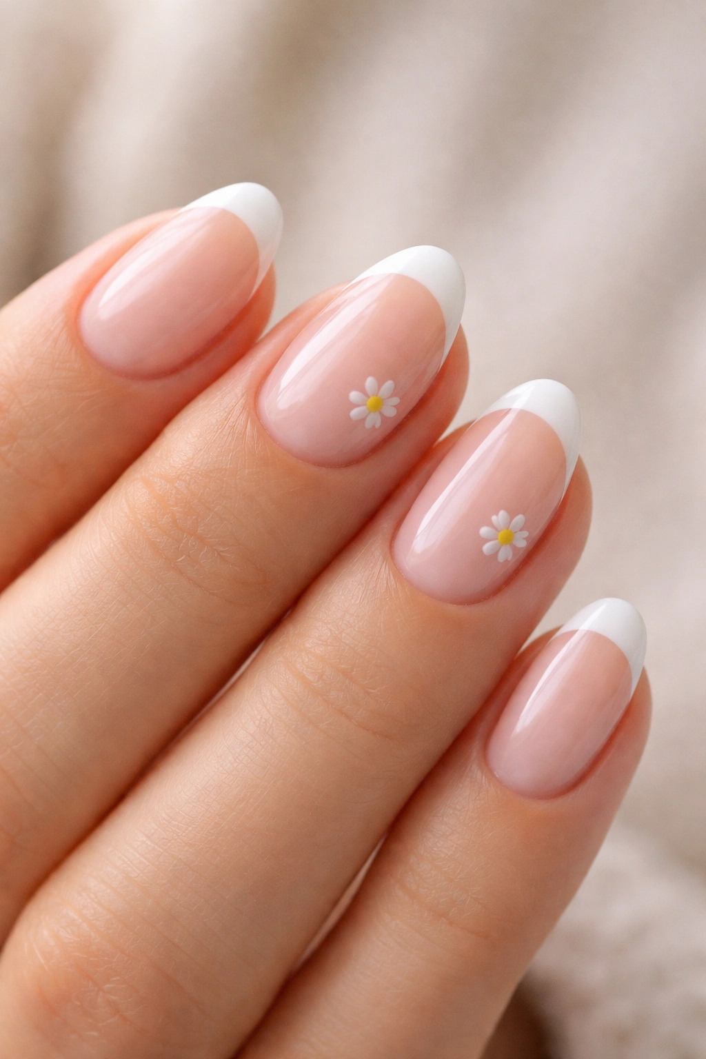 Close-up of short almond nails with a tiny white daisy on one or two nails