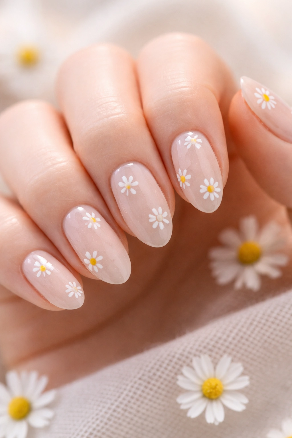 Close-up of tiny daisy designs on short almond nails.