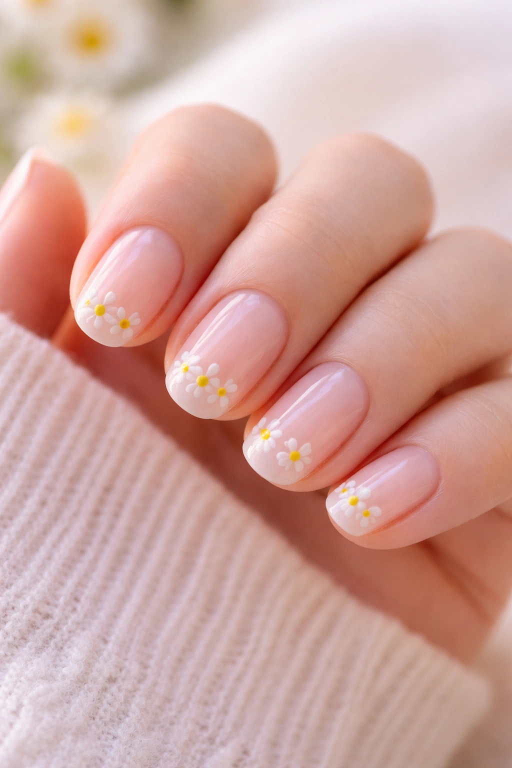 Close-up of short oval nails with sheer pink base and tiny white daisies near the tip