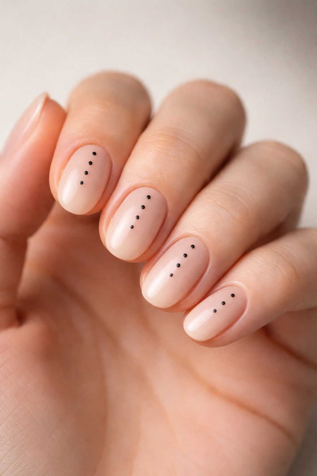 Close-up of short oval nails with tiny black dots on nude base