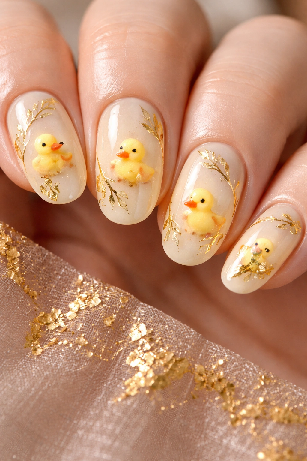 Nails with tiny duck illustrations and gold foil accents on pale yellow base