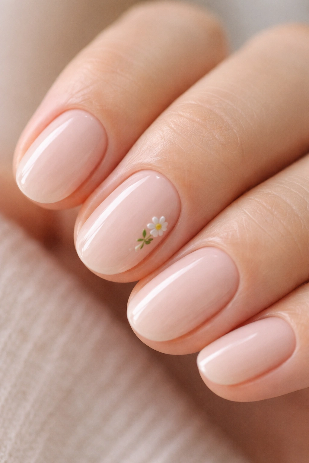 Close-up of a short oval nail with a tiny flower off-center