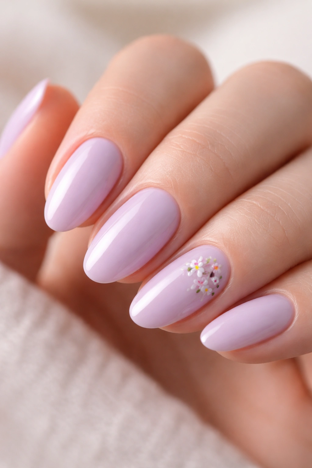Close-up of short almond lavender nails with tiny floral accents on accent nails