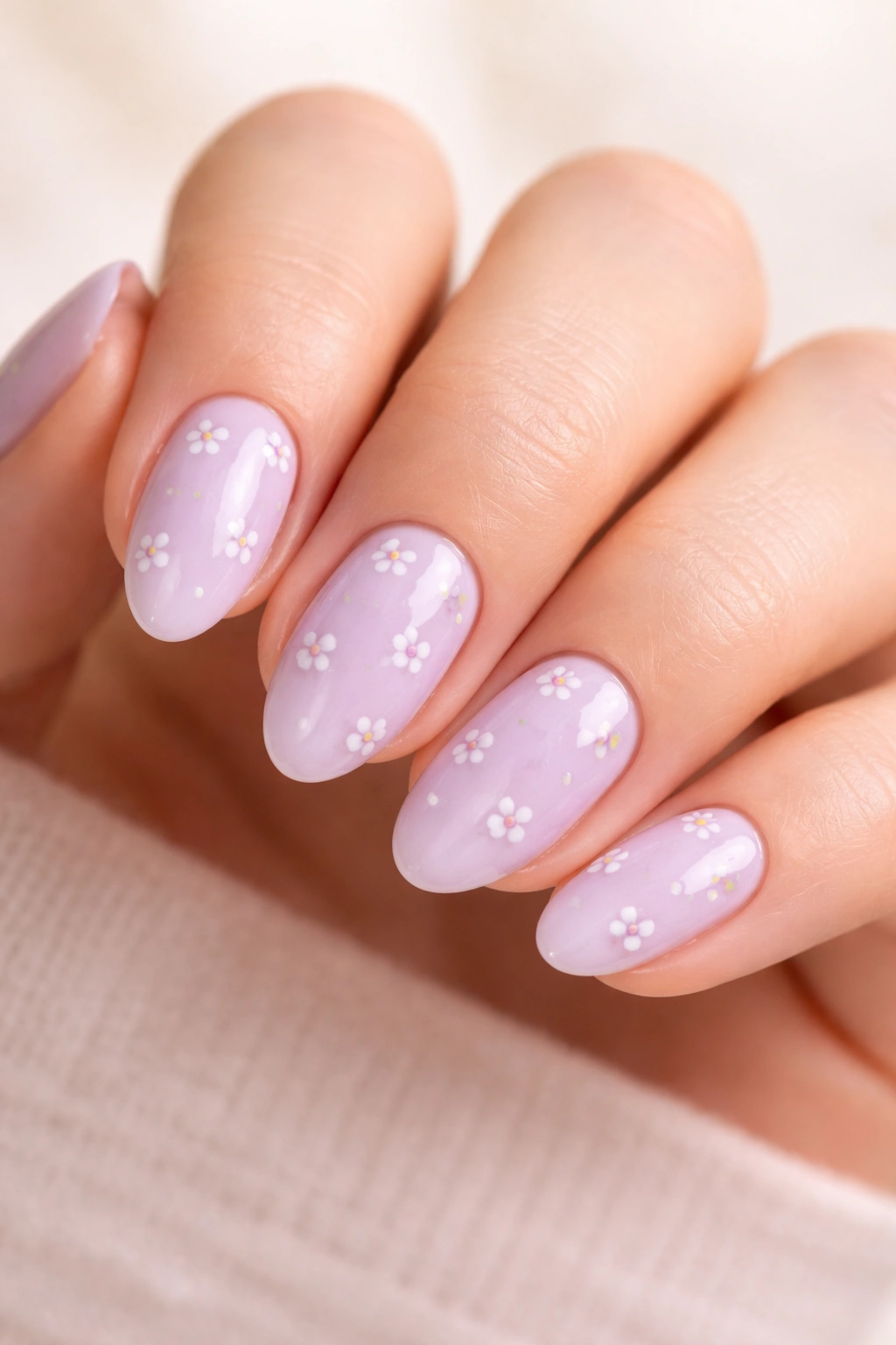 Close-up of short lilac nails with tiny floral designs on each nail