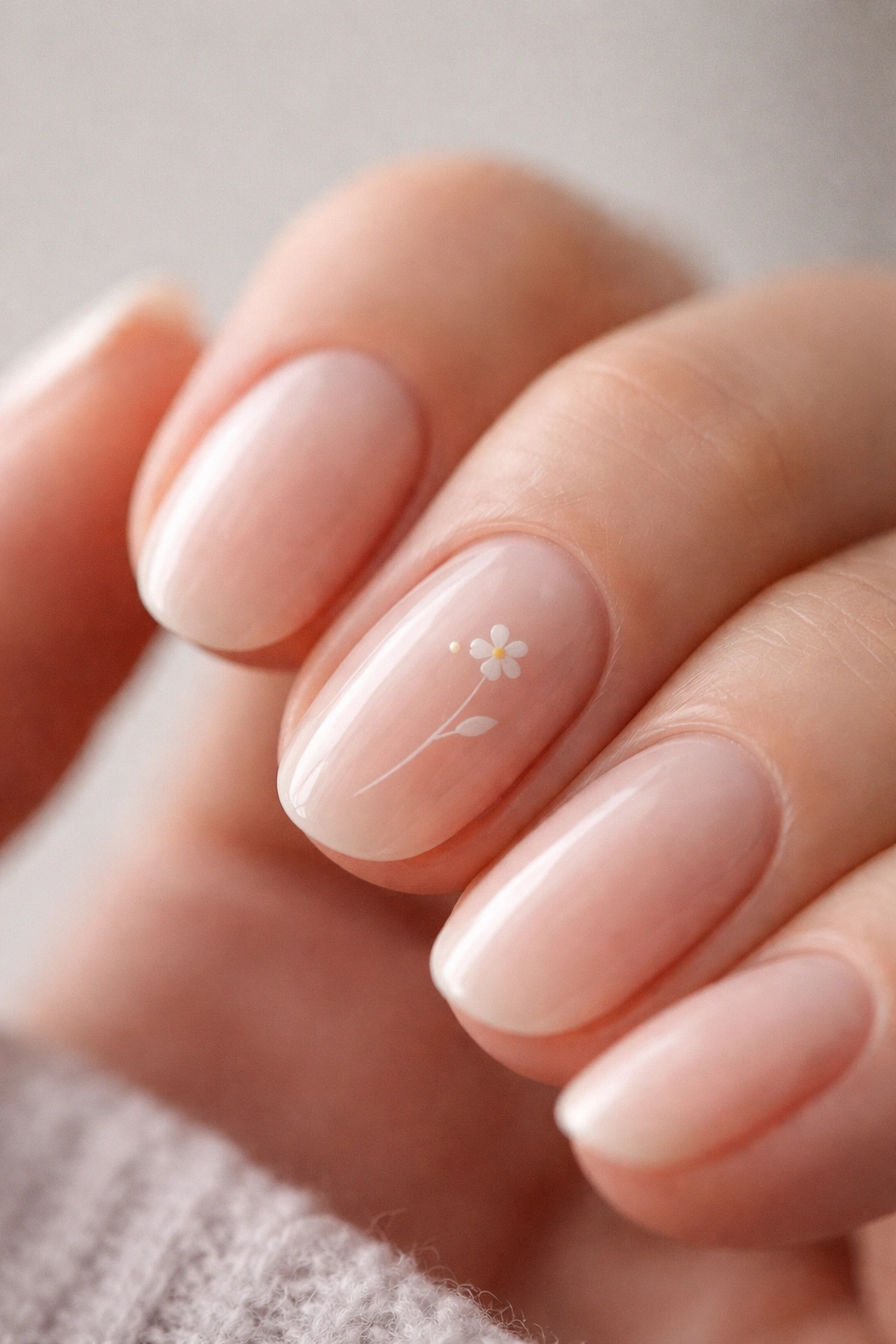 Close-up of a short oval nail with a tiny white flower line art on sheer nude base