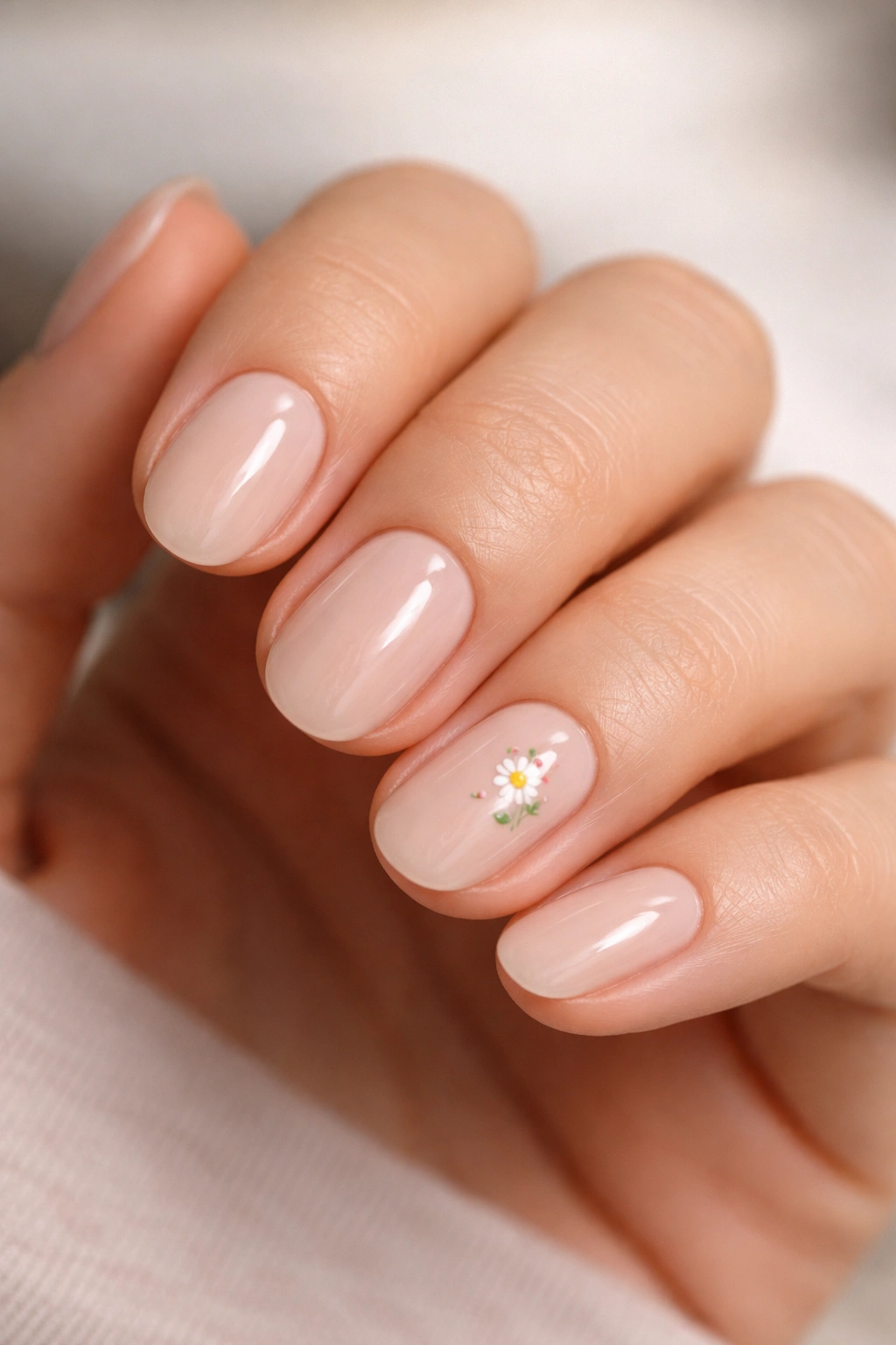 Close-up of a hand with tiny floral accent on short oval nails