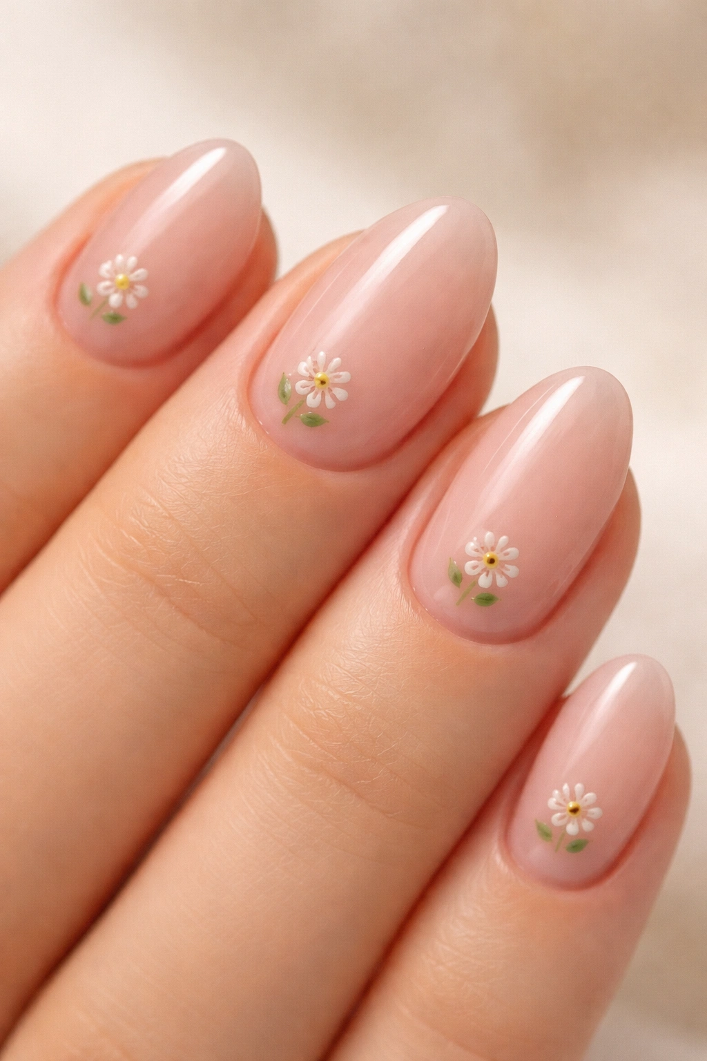 Close-up of short almond nails with a single tiny hand-painted flower near the cuticle