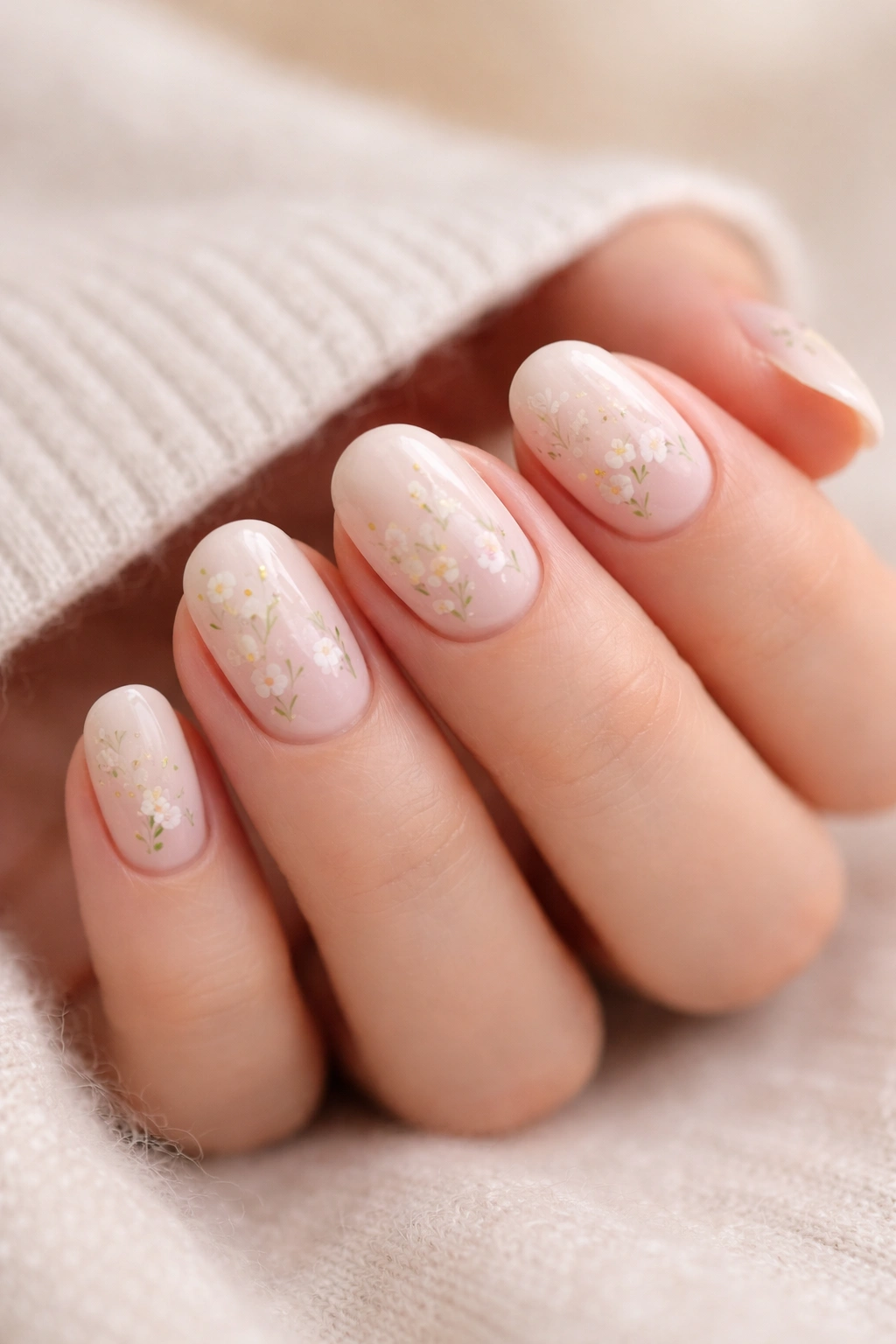 Close-up of tiny floral short oval nails with delicate petals