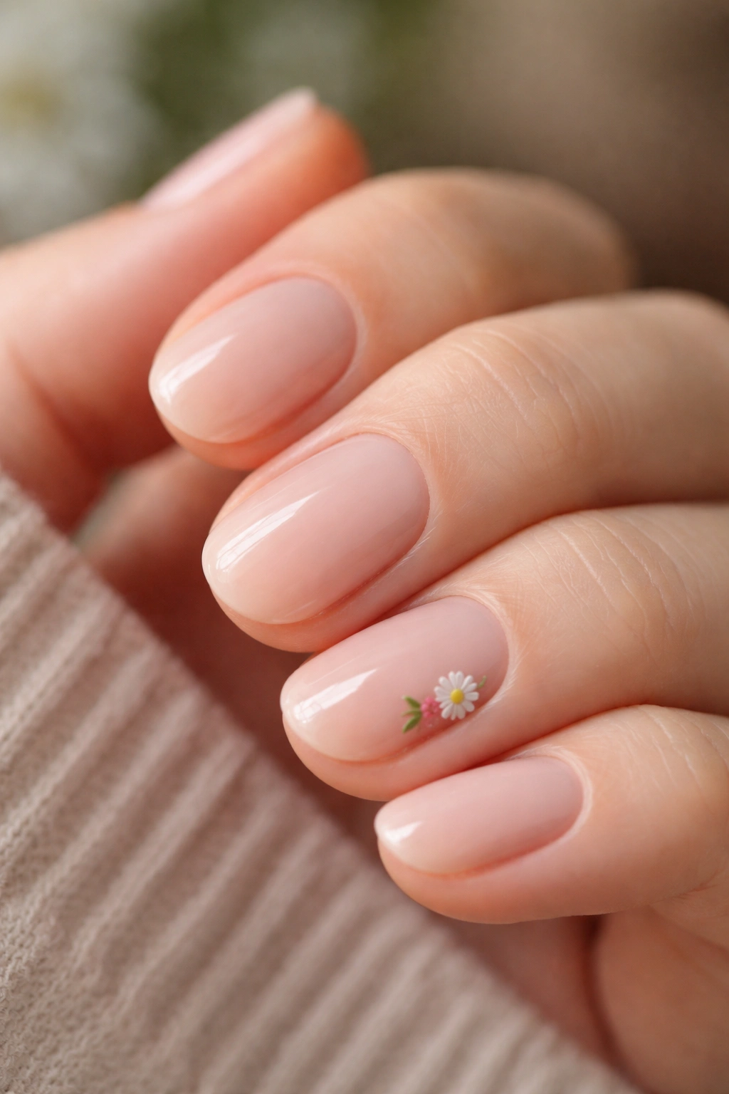 Close-up of a short oval nail with a tiny flower accent on one nail