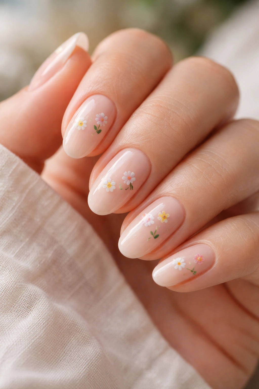 Close-up tiny floral short almond nails with delicate small flowers