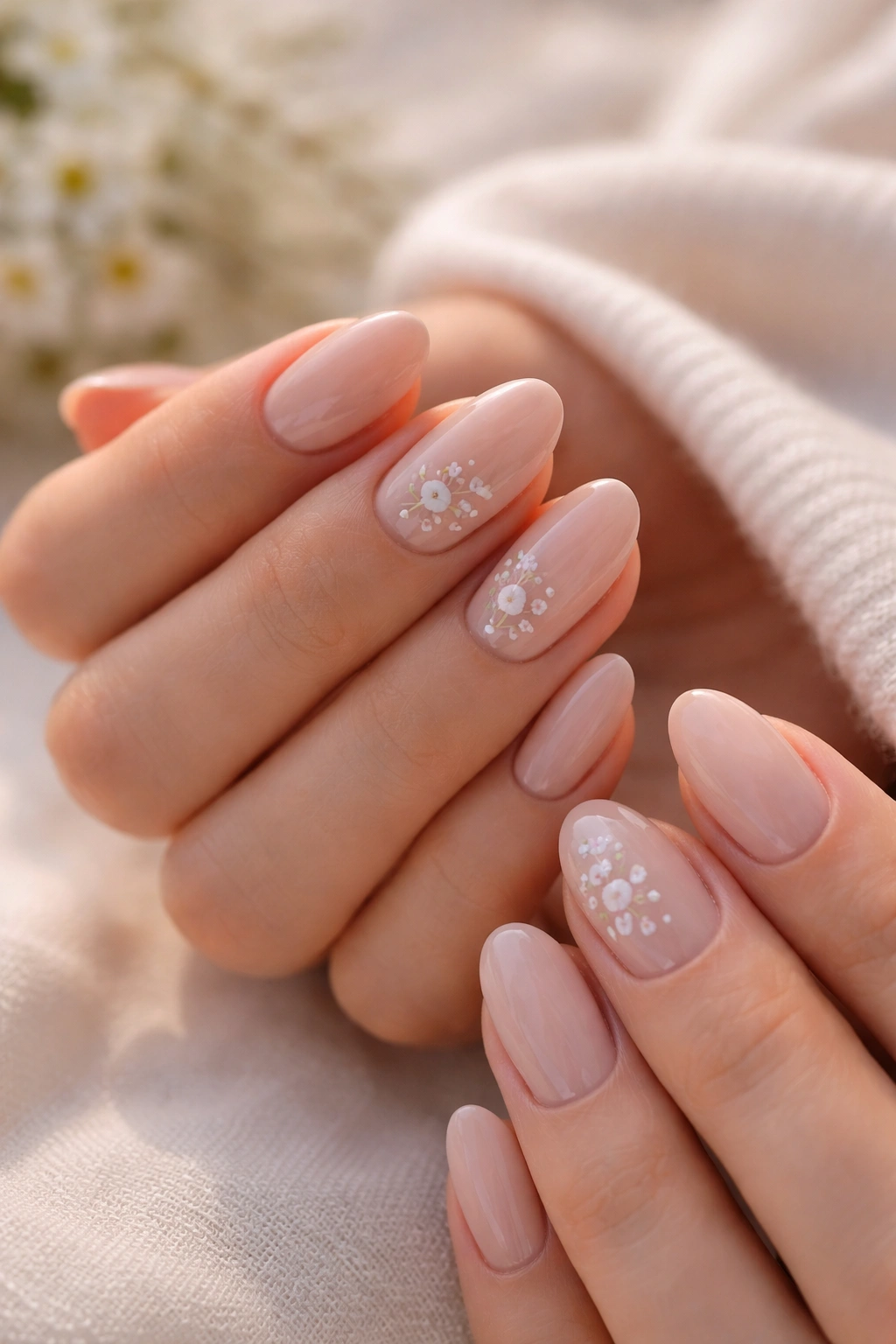 Close-up of short almond nails with tiny floral accents on accent nails.
