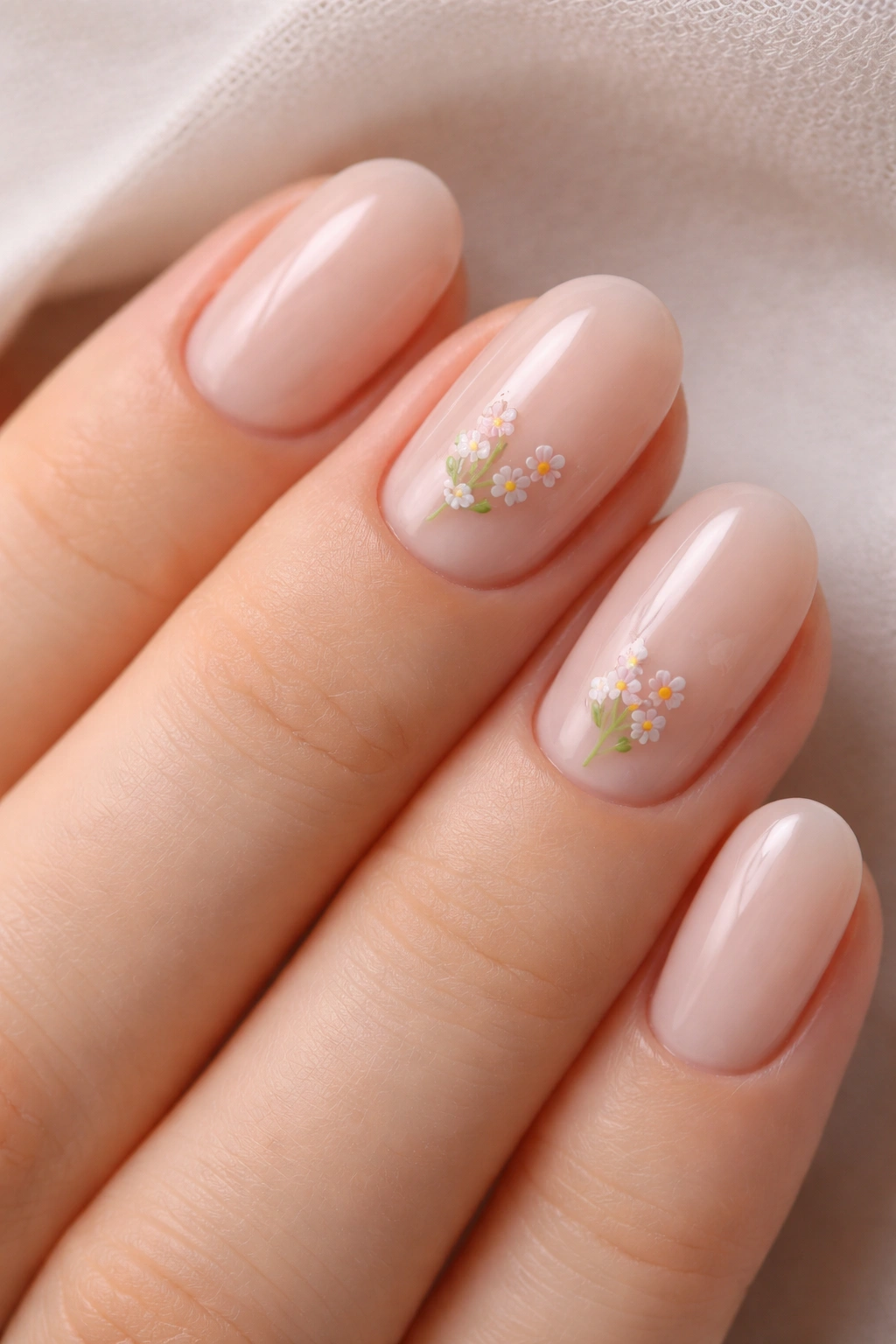 Close-up of short oval nails with tiny floral designs on a pale nude base