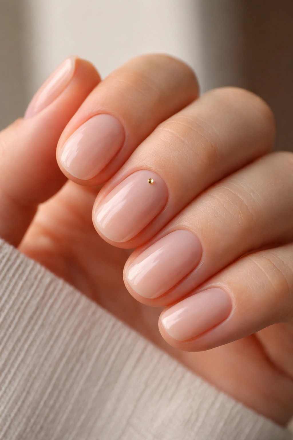 Close-up of short oval nails featuring a tiny gold dot accent