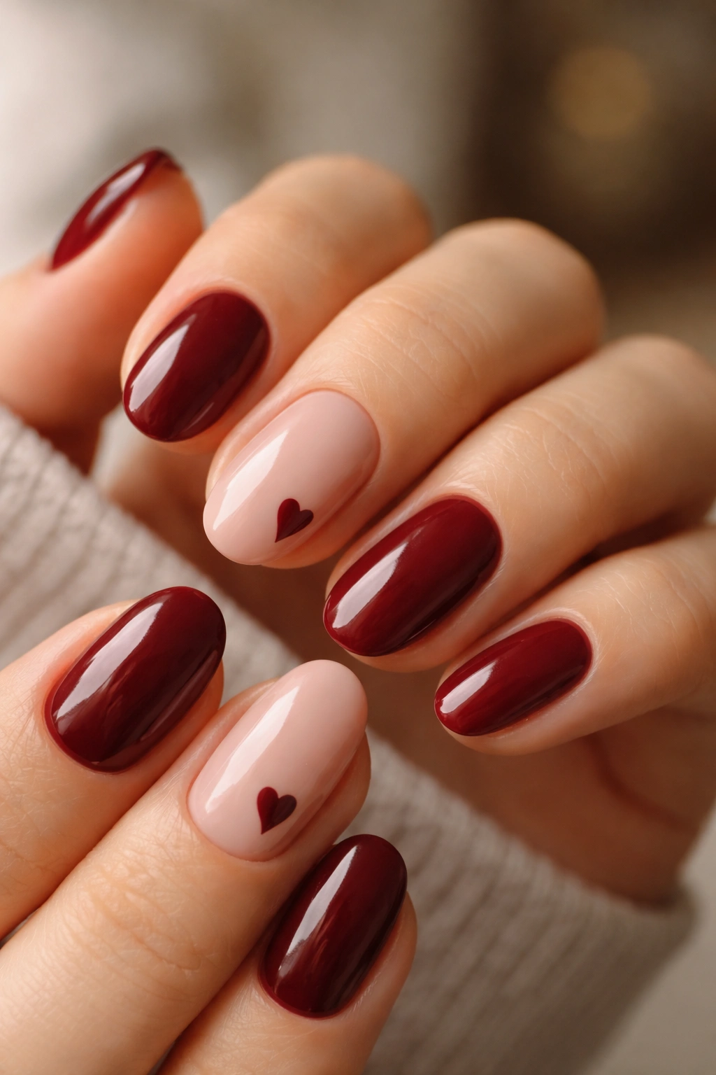 Close-up of short almond nails with burgundy heart accent on blush base