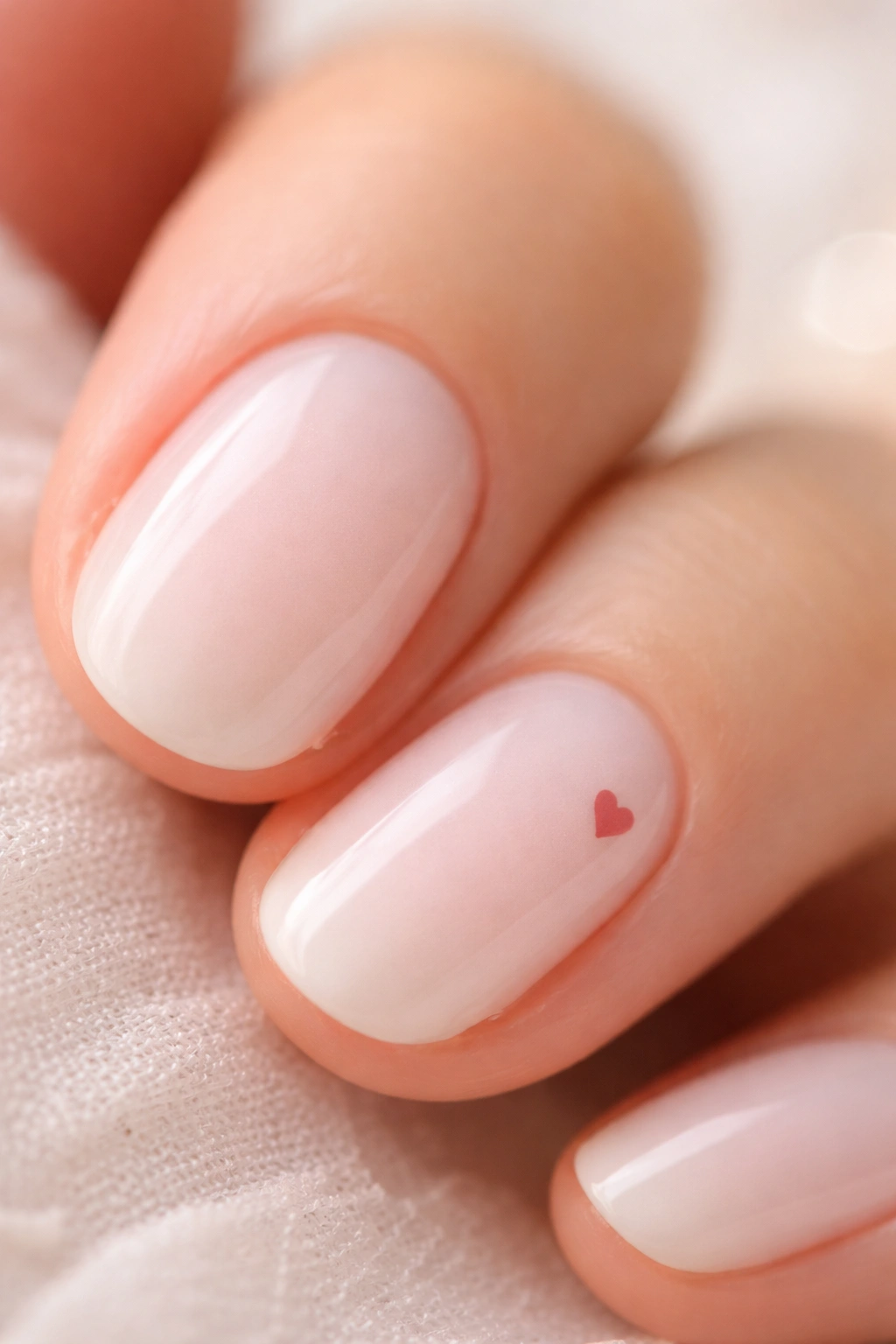 Close-up of tiny heart detail on short oval nail