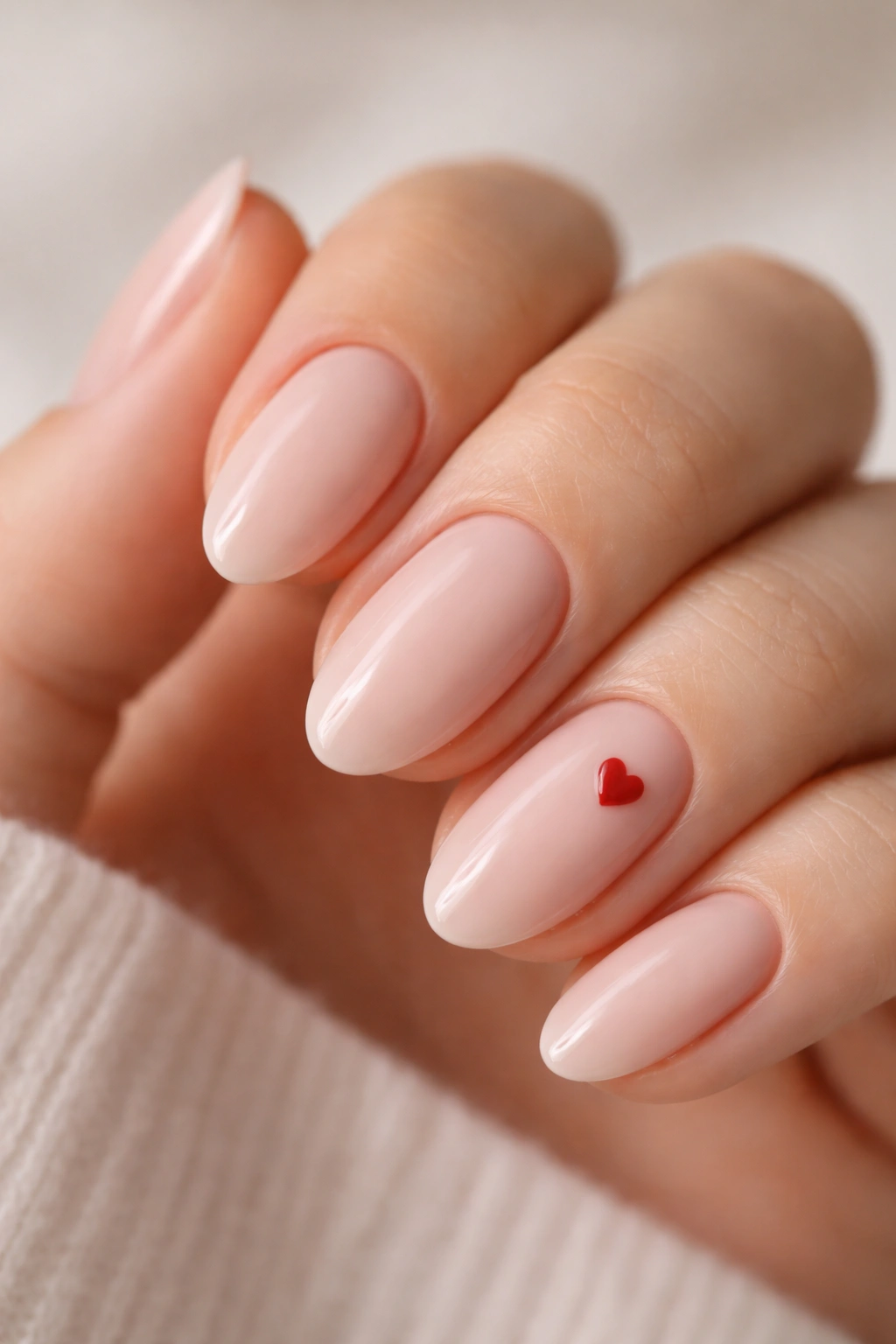 Close-up of short almond nails with a tiny red heart on the accent nail.