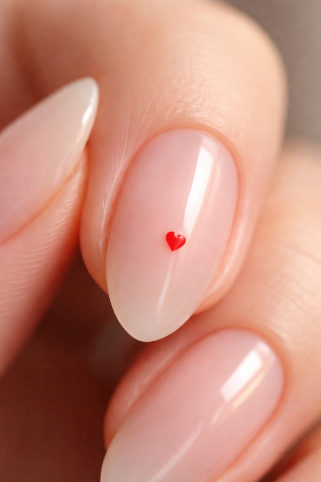 Close-up of a short almond nail with a tiny heart accent on a nude base