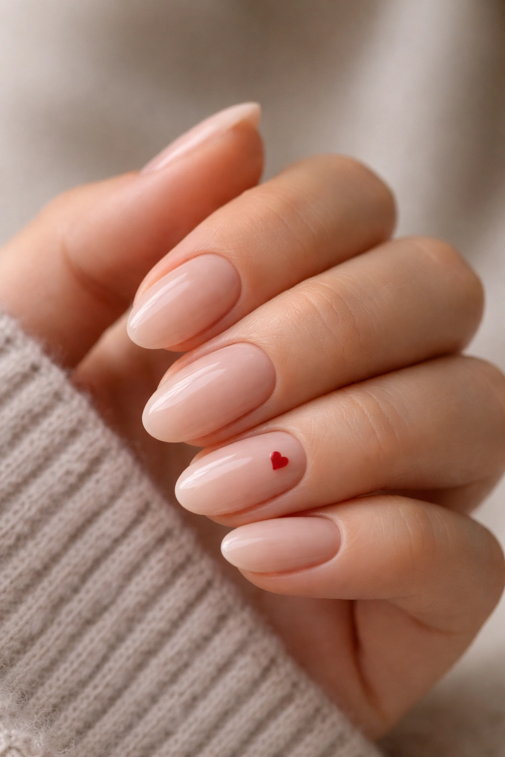 Close-up of short almond nails with a tiny heart accent on one nail.