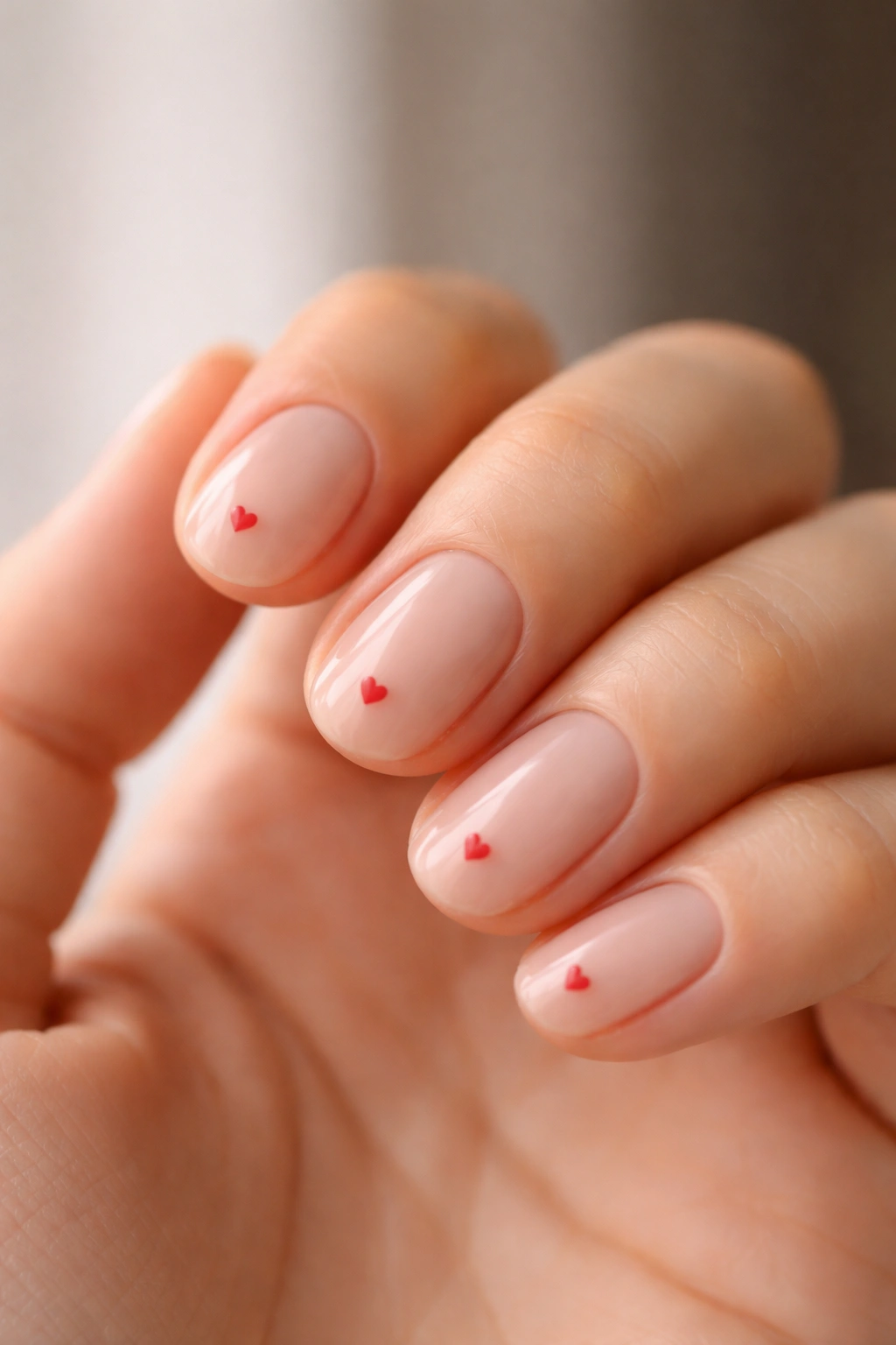 Close-up of very short oval nails with tiny hearts on a bare base