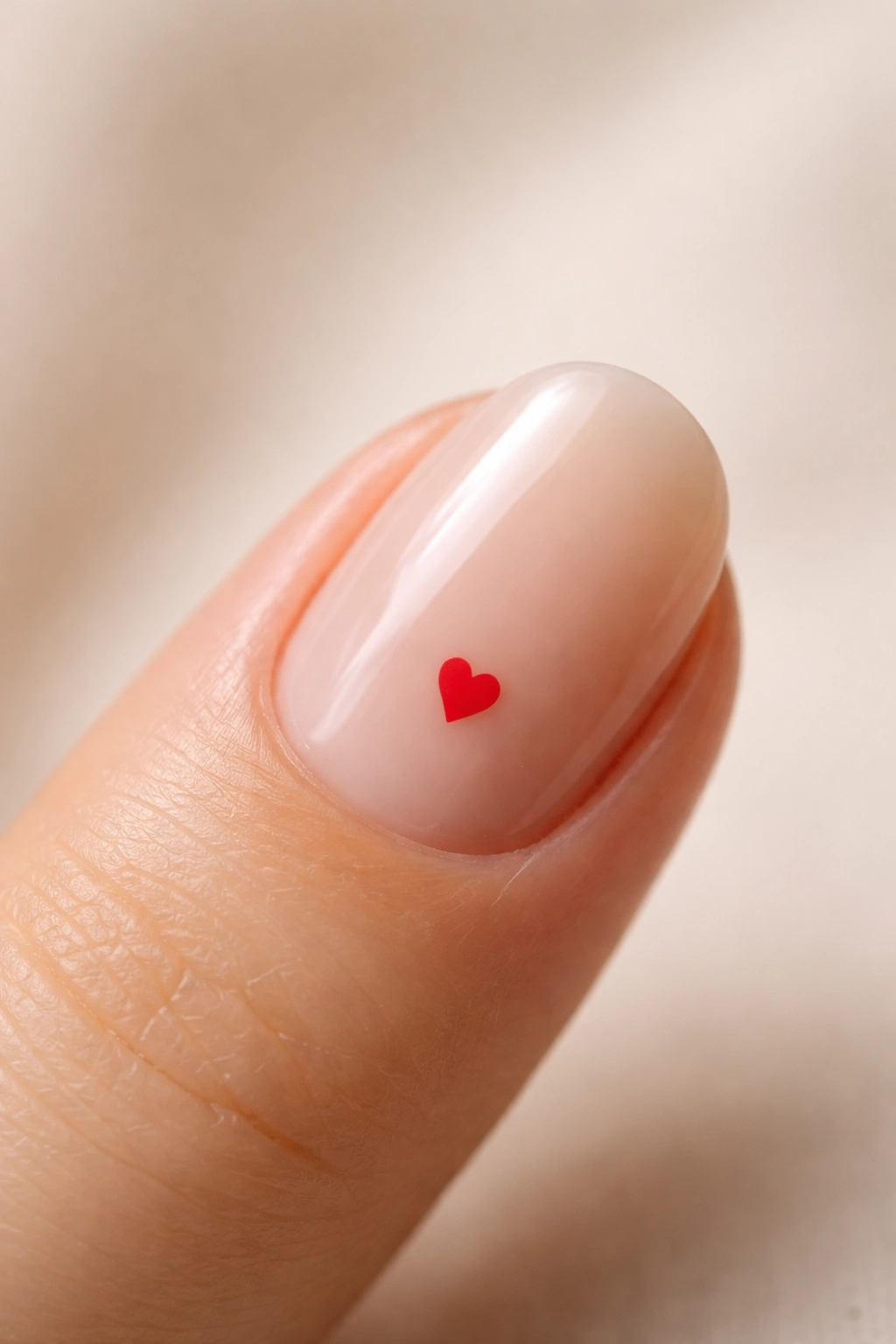 Close-up of a short oval nail with a tiny red heart on a sheer nude base