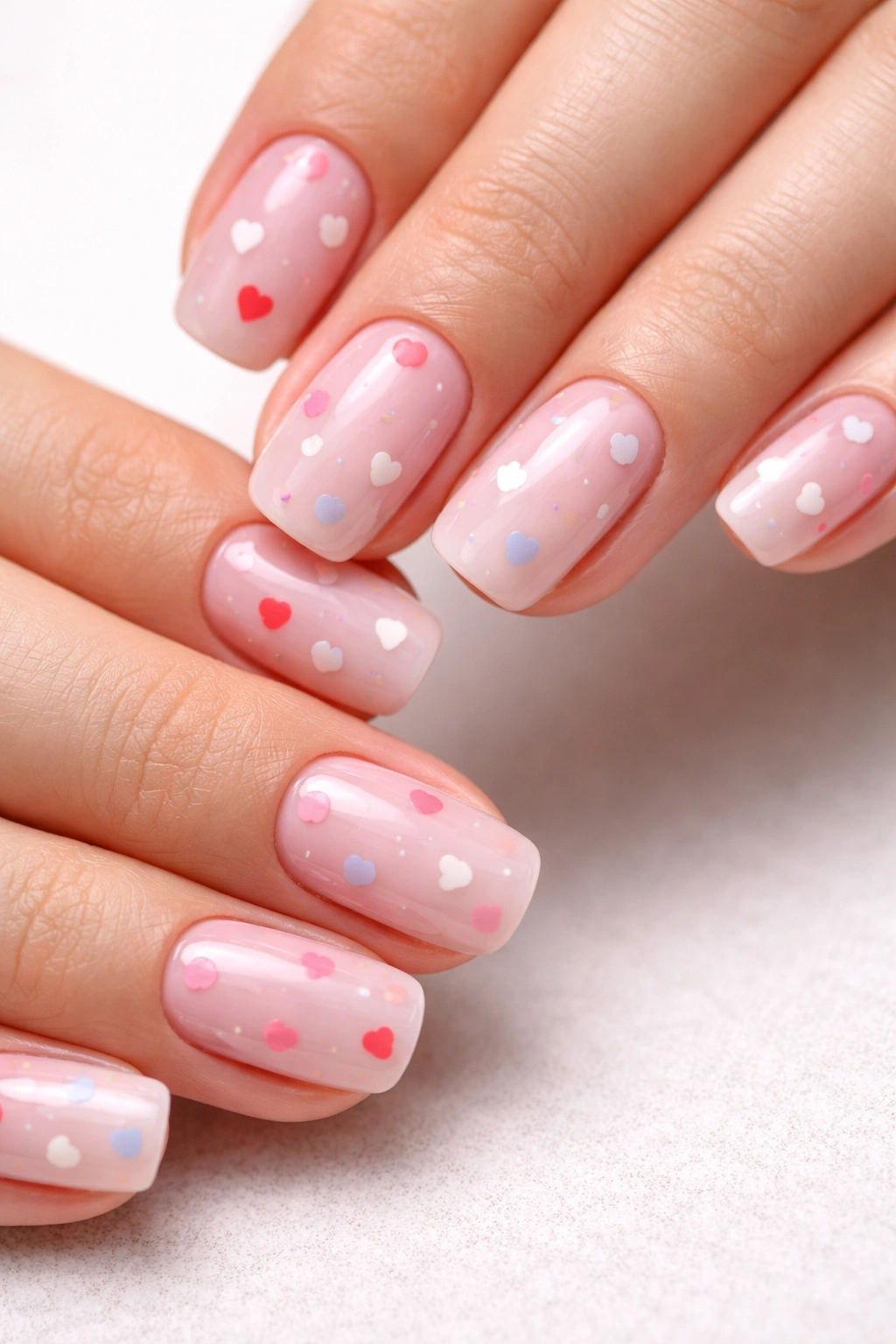 Nail art with tiny scattered hearts on nude and pastel bases
