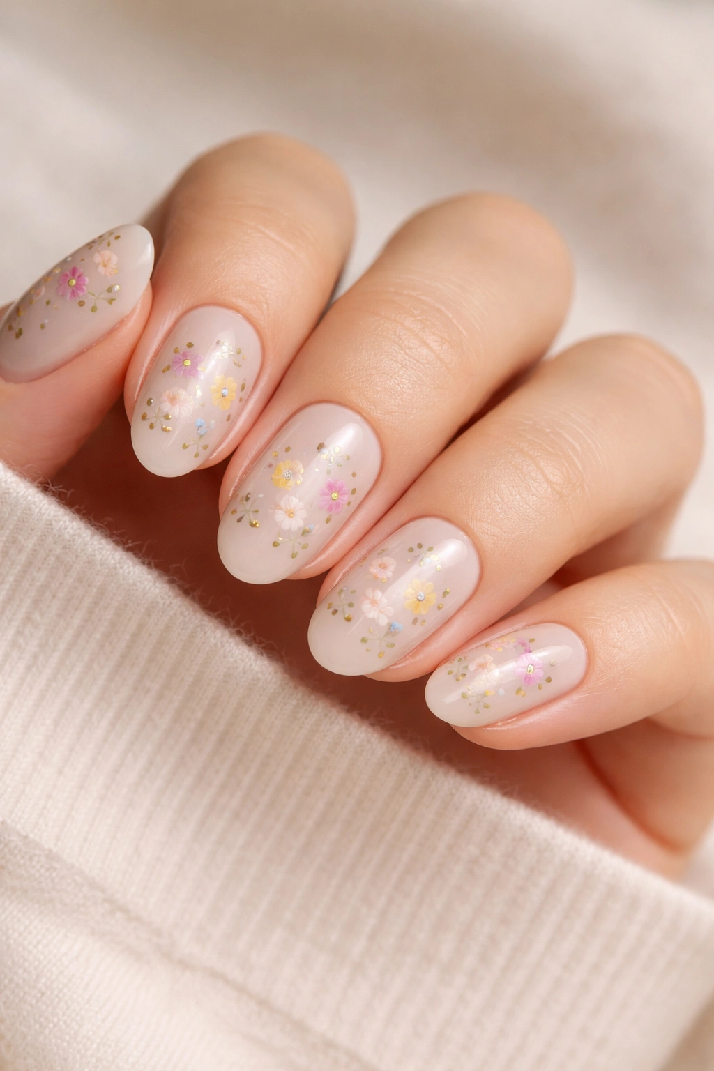Short oval nails with tiny mixed blooms on almond-beige base