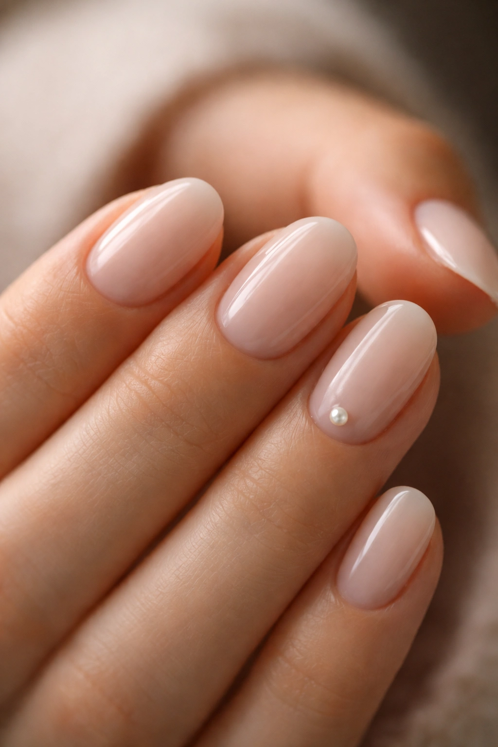 Close-up of a nail with a tiny pearl accent on a short oval nail