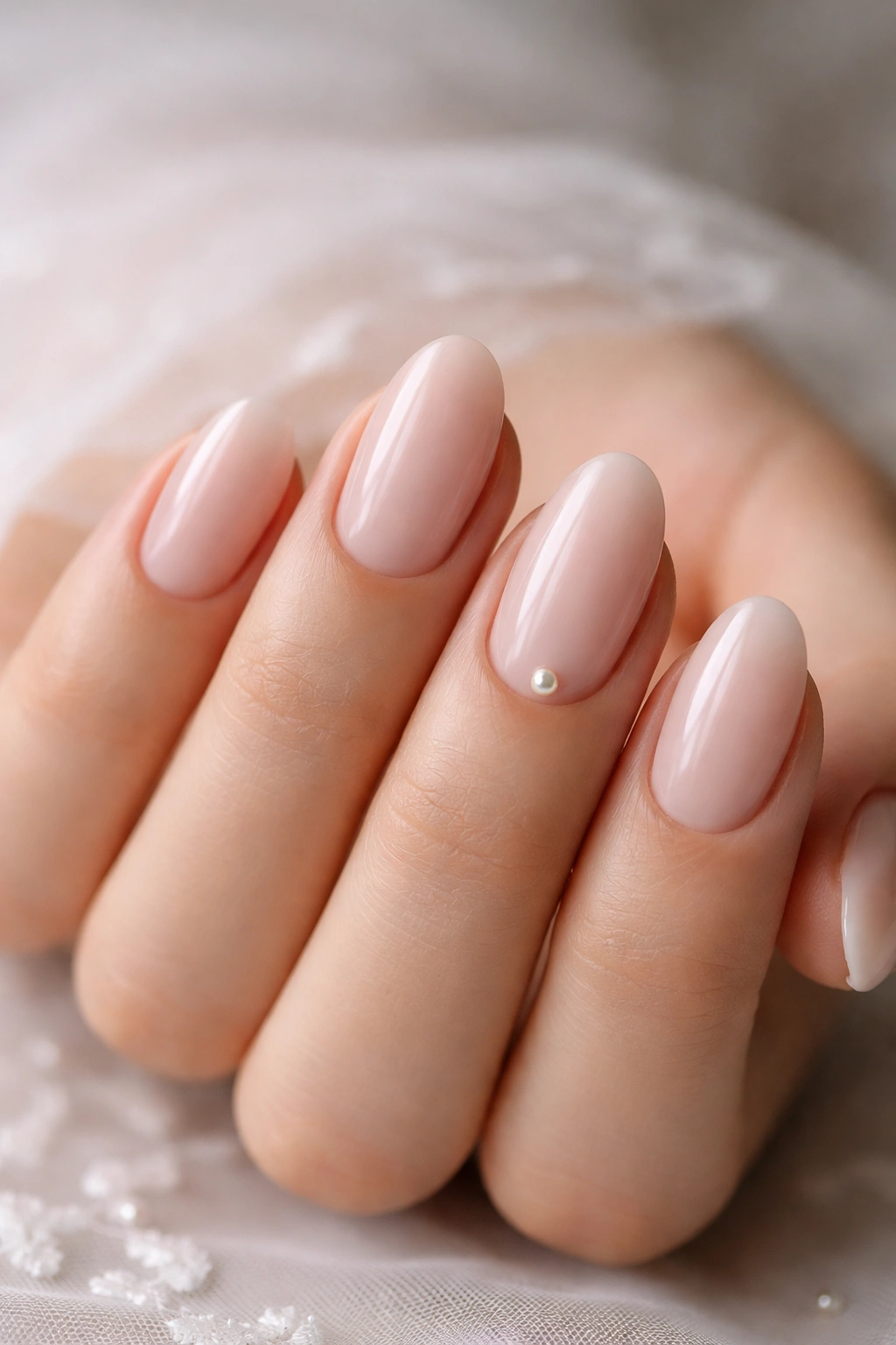 Close-up of short almond nails with a tiny pearl accent