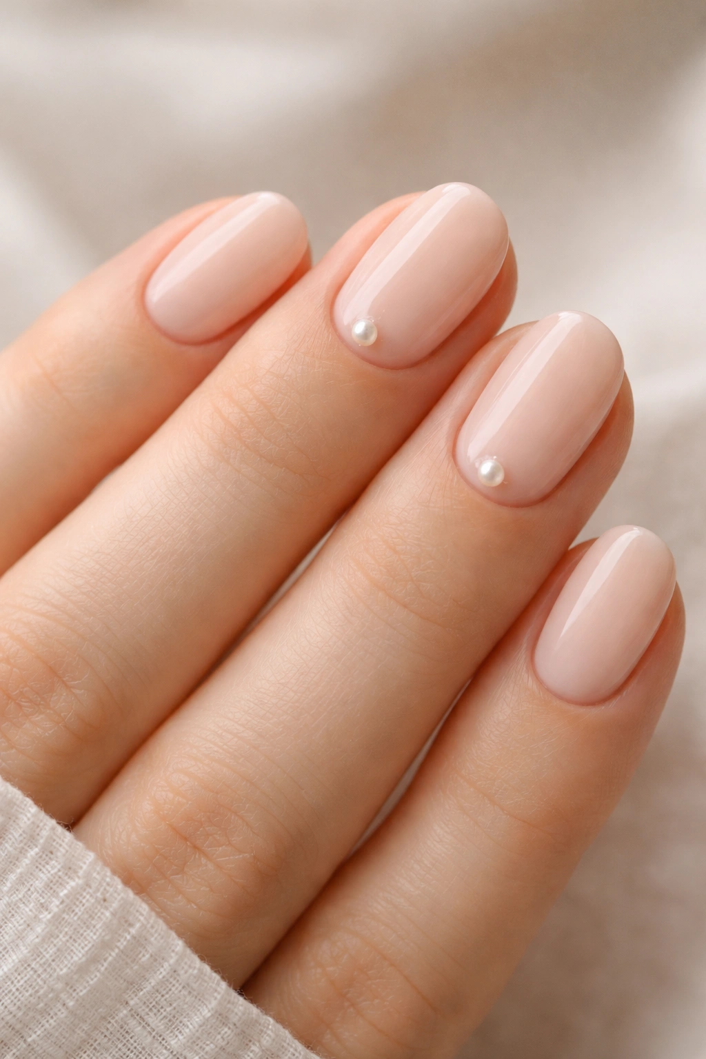Close-up of short oval nails with tiny pearl accents on selected nails