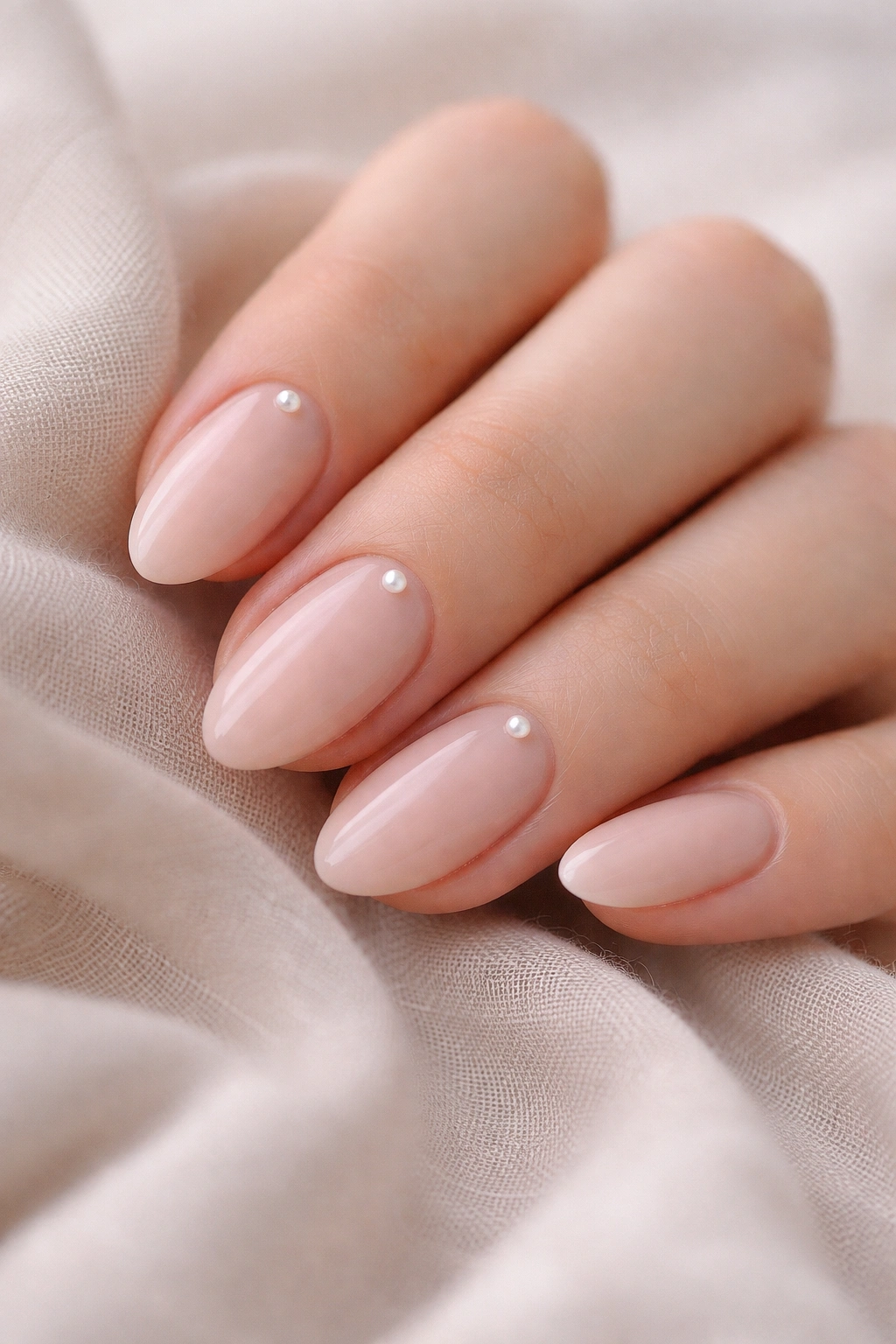 Close-up of tiny pearl accent nails on short almond nails with nude base for bridal manicure