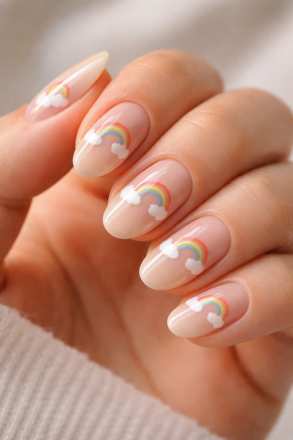 Close-up of short almond nails with tiny rainbow arches and white clouds on nude base