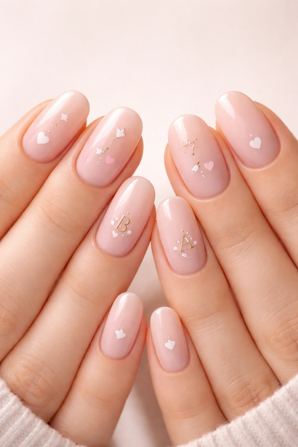 Close-up of two hands with tiny symbol nail art on gel nails, mirrored across fingers