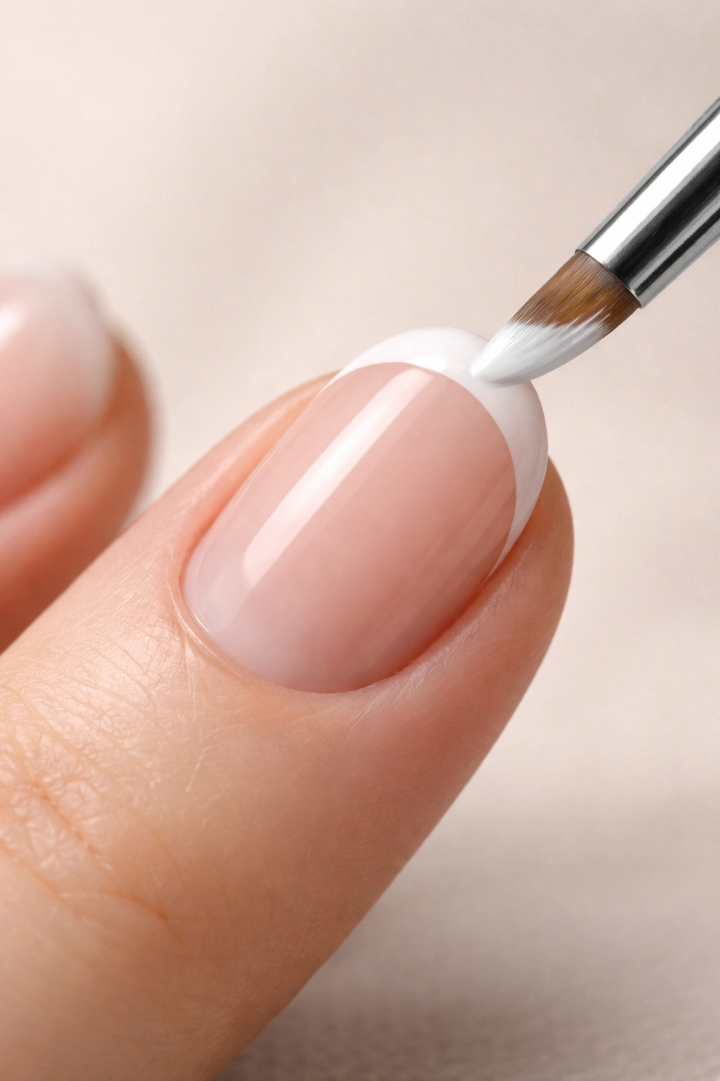 Close-up of a nail being painted to create a crisp white tip on a round nail