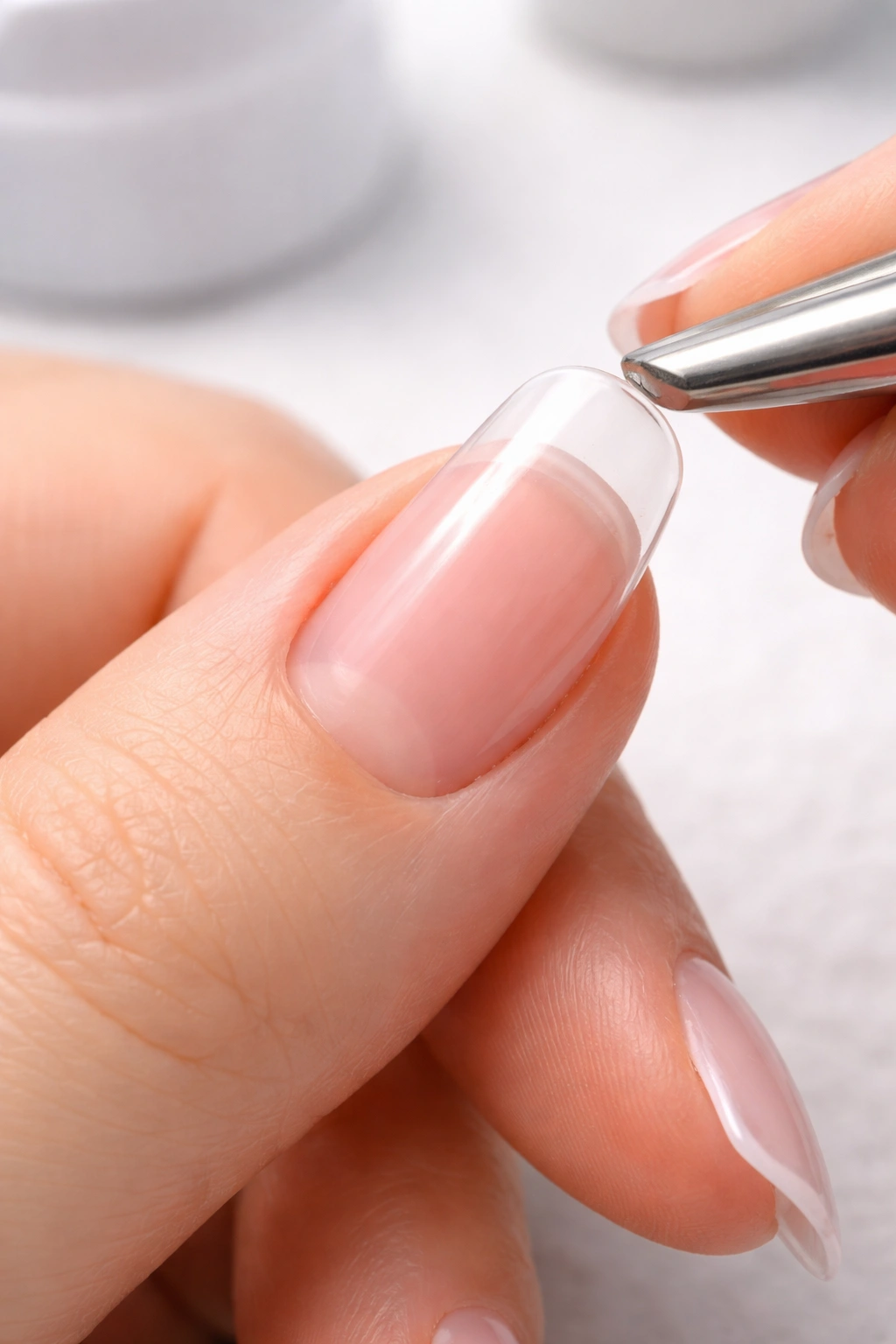Properly sized nail tip fitted to natural nail showing snug sidewalls