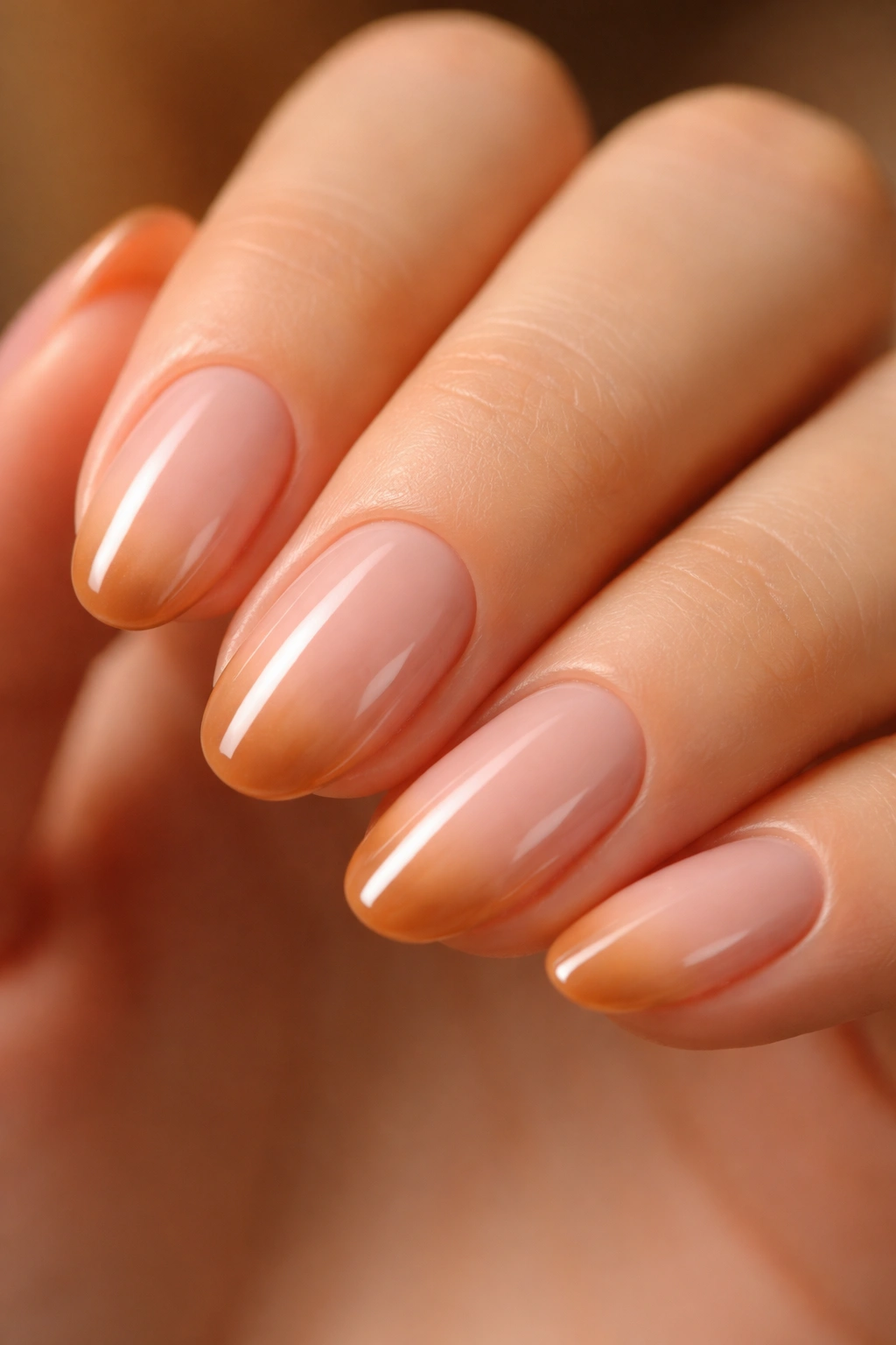 Close-up of short oval nails with toasted almond tip design