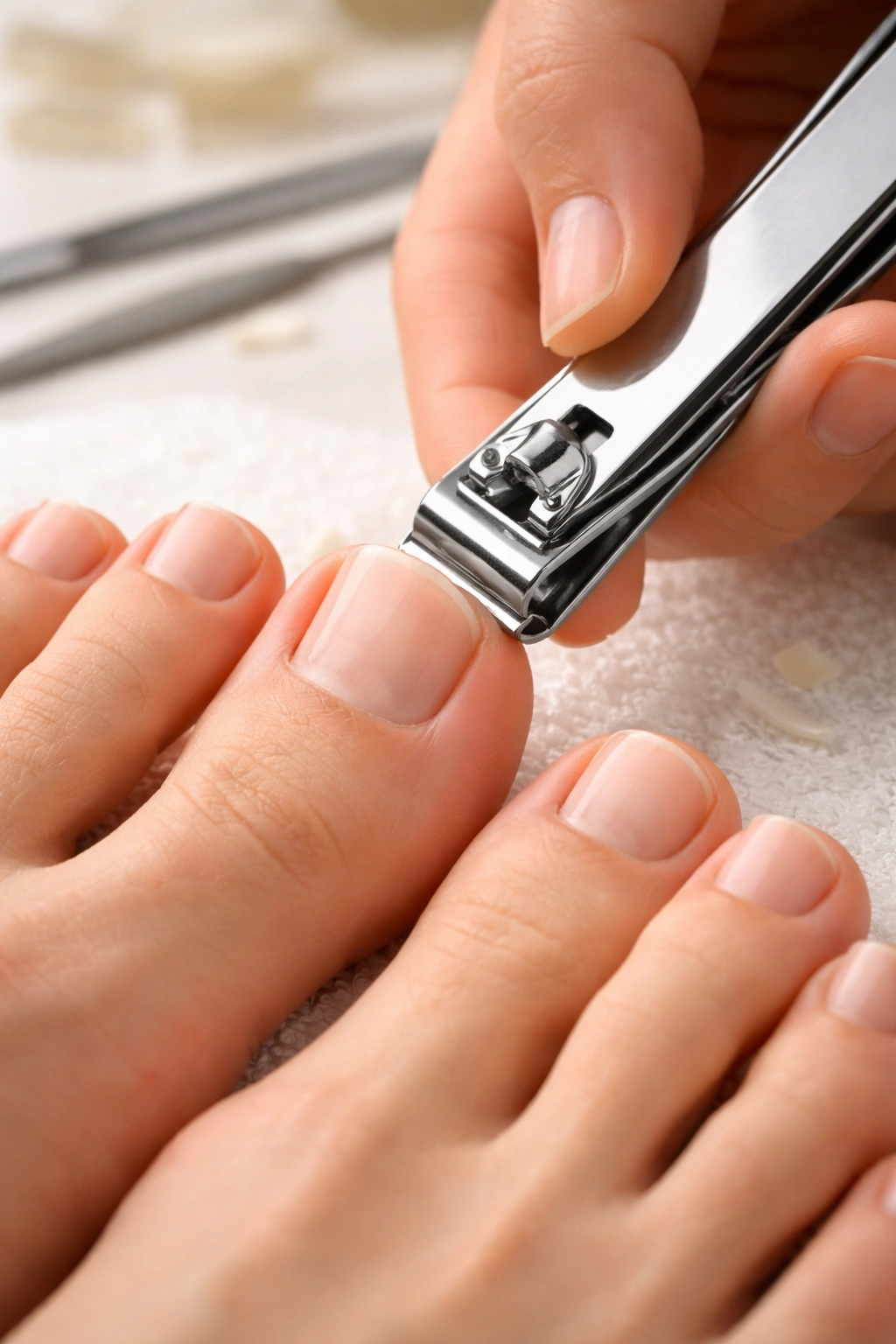 Toenails trimmed straight across using toenail clippers