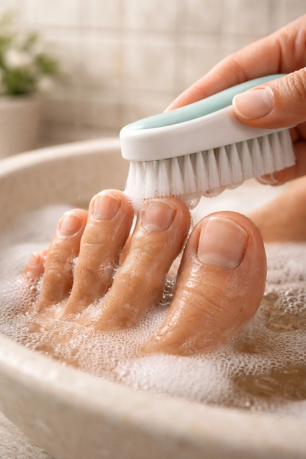 Toes with toenails being cleaned with a brush