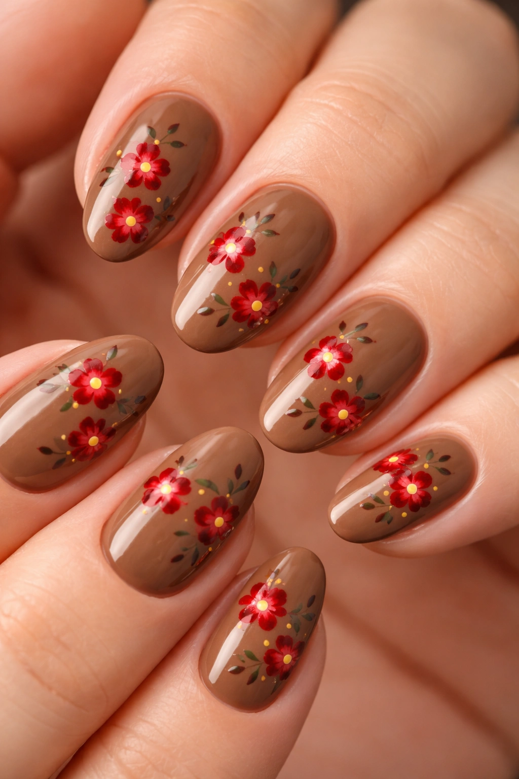 Toffee brown nails with red floral art on short almond nails