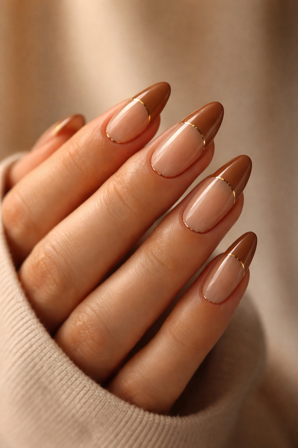 Almond nails with toffee tips and tiny gold cuticle accents