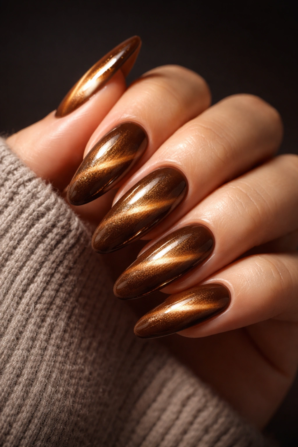 Close-up of toffee brown nails with cat-eye shimmer stripe