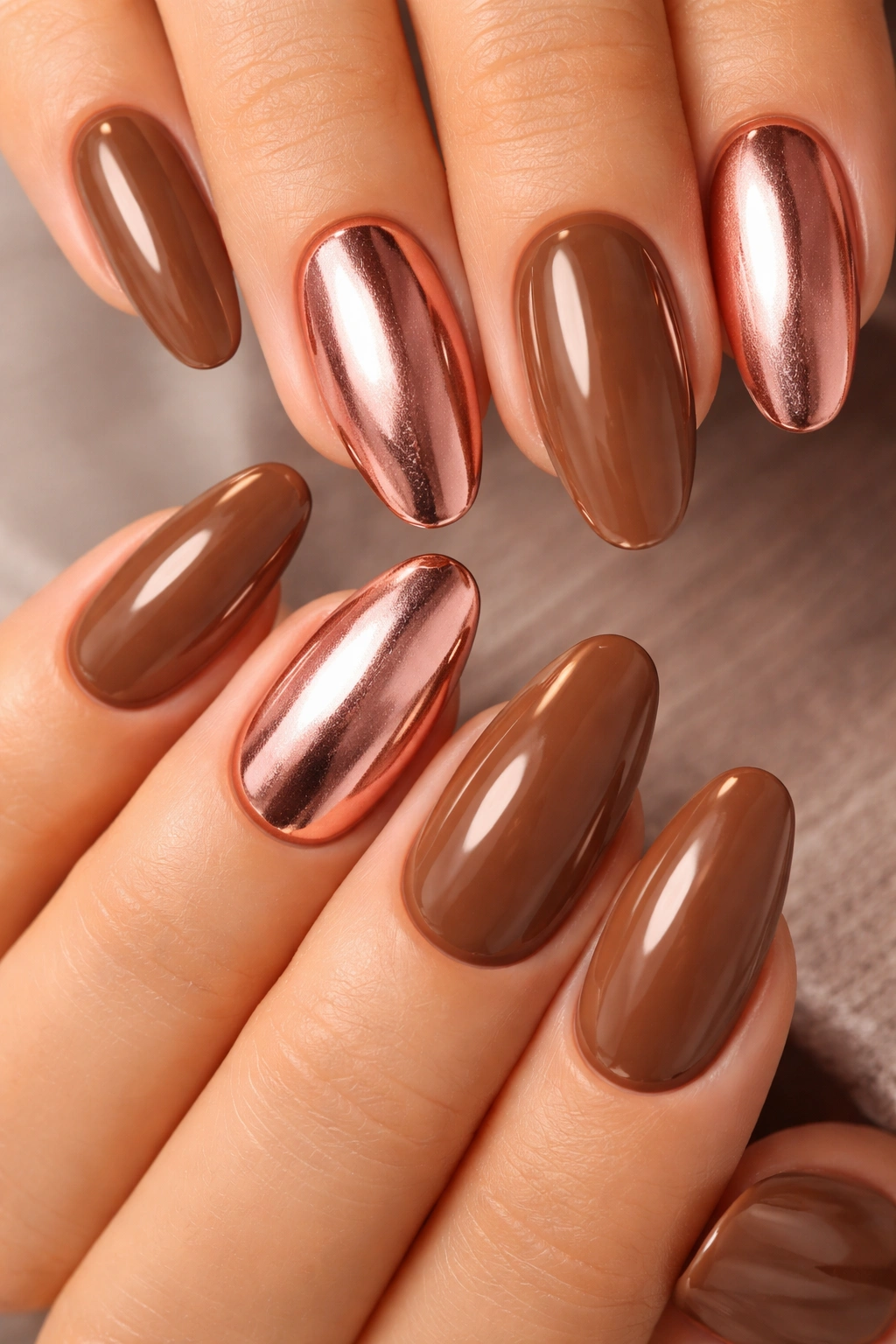 Close-up of toffee nails with rose gold chrome accents.