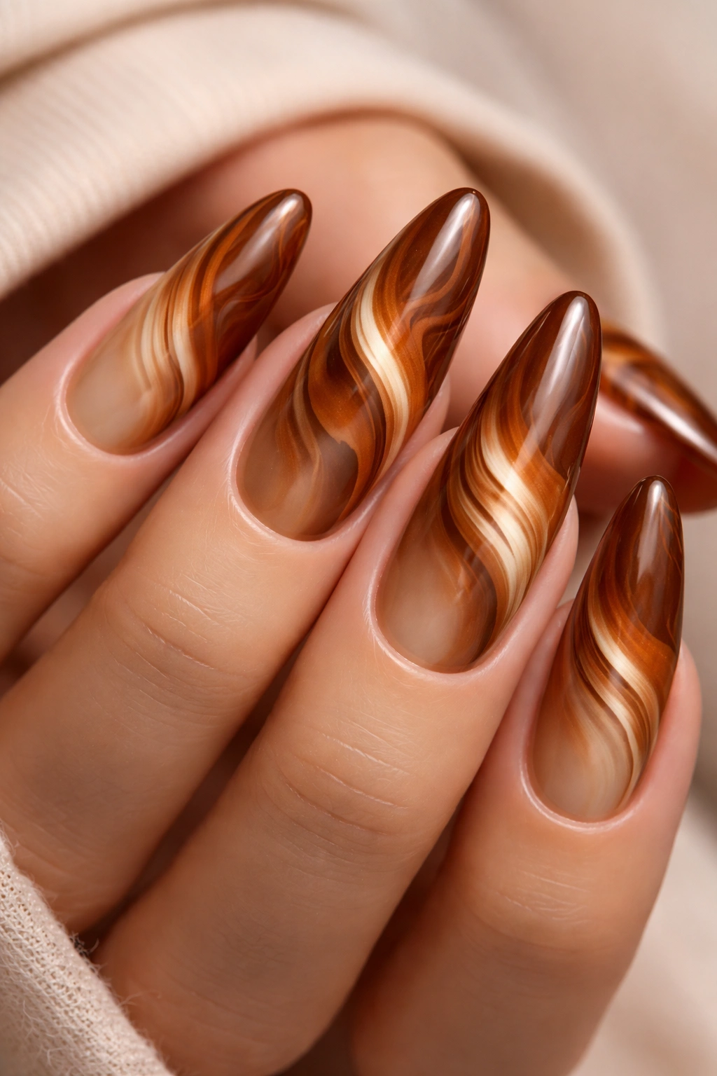 Toffee and amber swirl gradient on nails